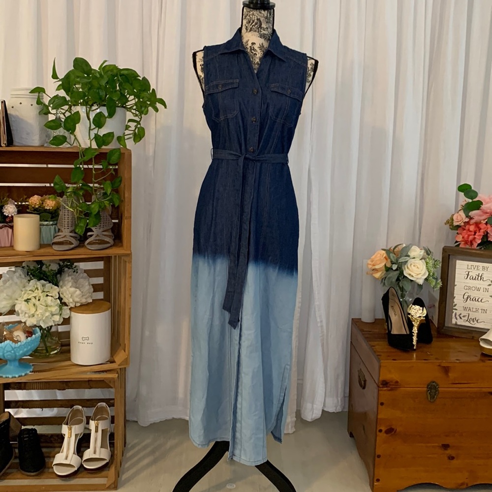J Jee Faded Denim Button Down Collared Maxi Dress